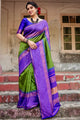 Parrot Green With Royal BLue Combination Pure Soft Semi Silk Saree With Attractive Blouse Piece