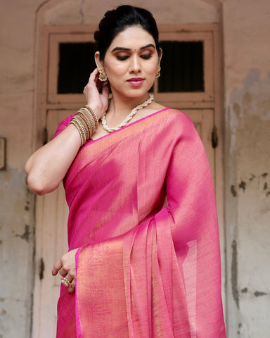 Pure Linen Saree Weaved With  Zari Comes With Tassels
