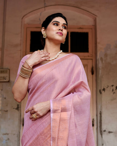 Pure Linen Saree Weaved With  Zari Comes With Tassels