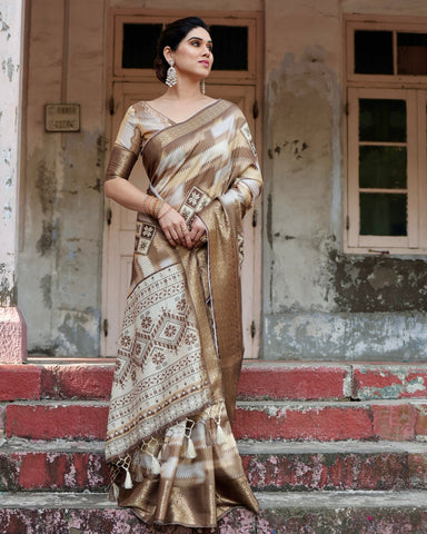 Pure Silk Digitally Printed Saree Weaved With Golden Zari Comes With Tassels