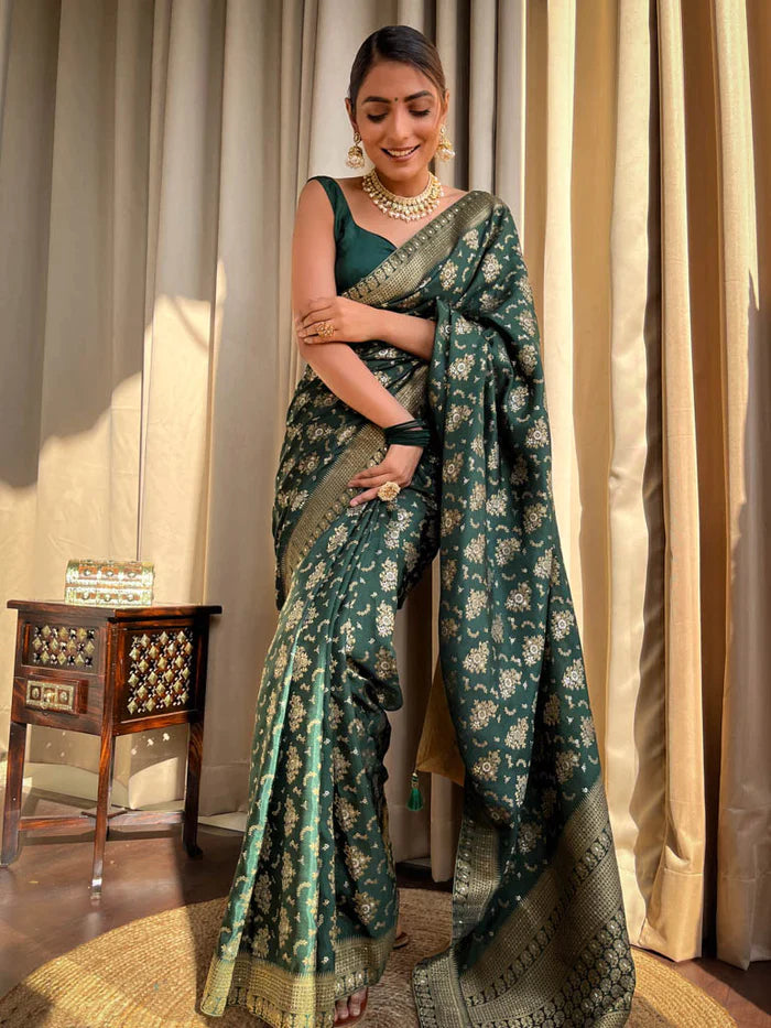 BOTTLE GREEN PURE SOFT SILK SAREE WITH TWIRLING BLOUSE PIECE