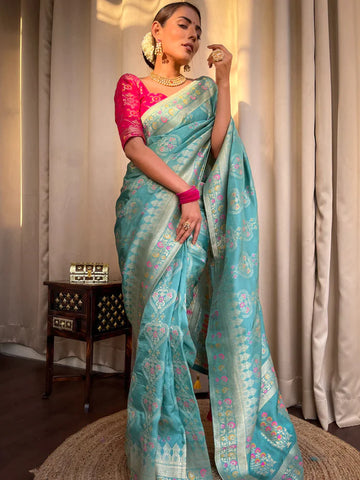 TURQUOISE GREEN PURE SOFT SILK SAREE WITH TWIRLING BLOUSE PIECE