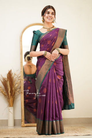 South Indian Silk Saree in Red with Temple Border