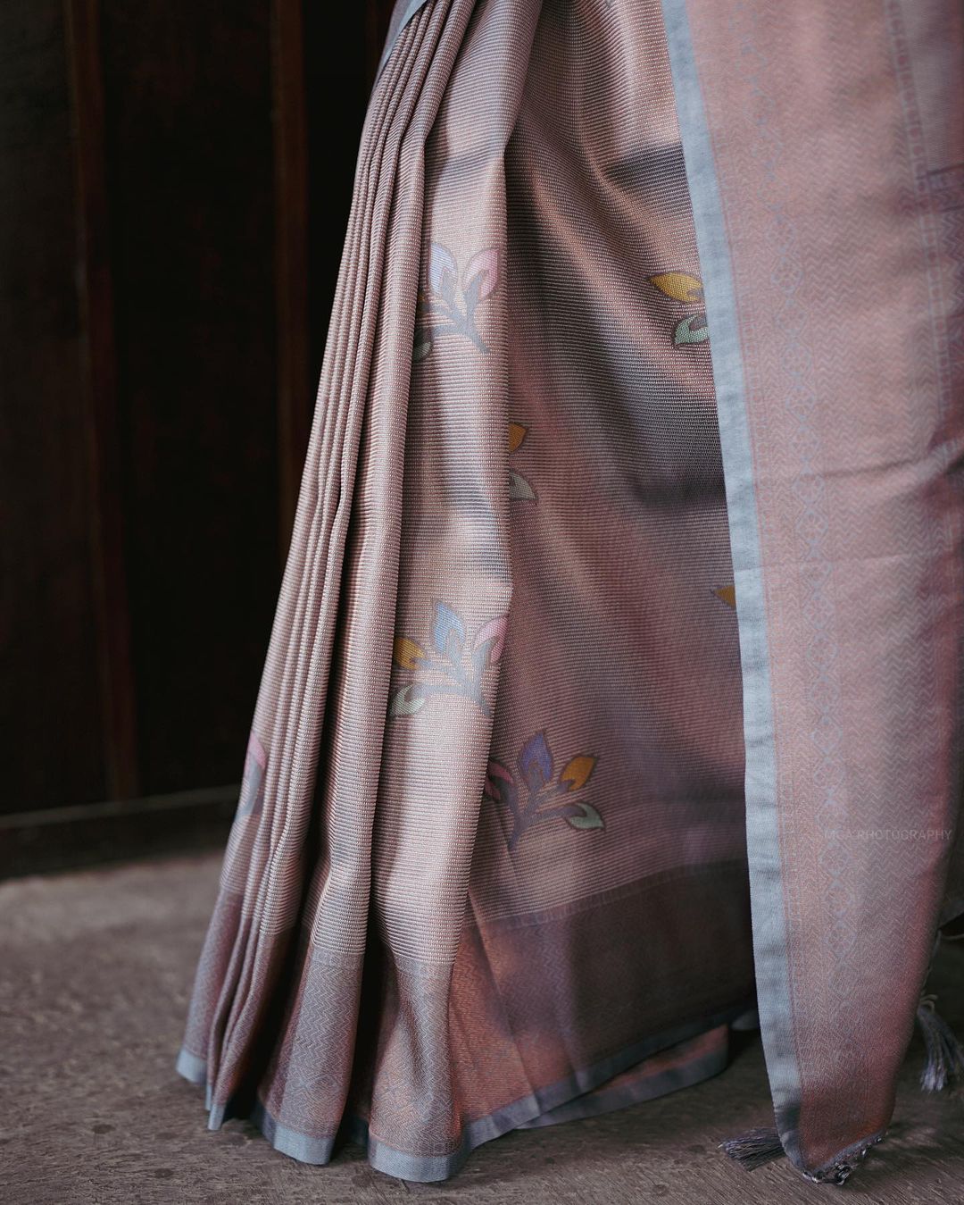Cotton silk saree with playful polka dots and floral design