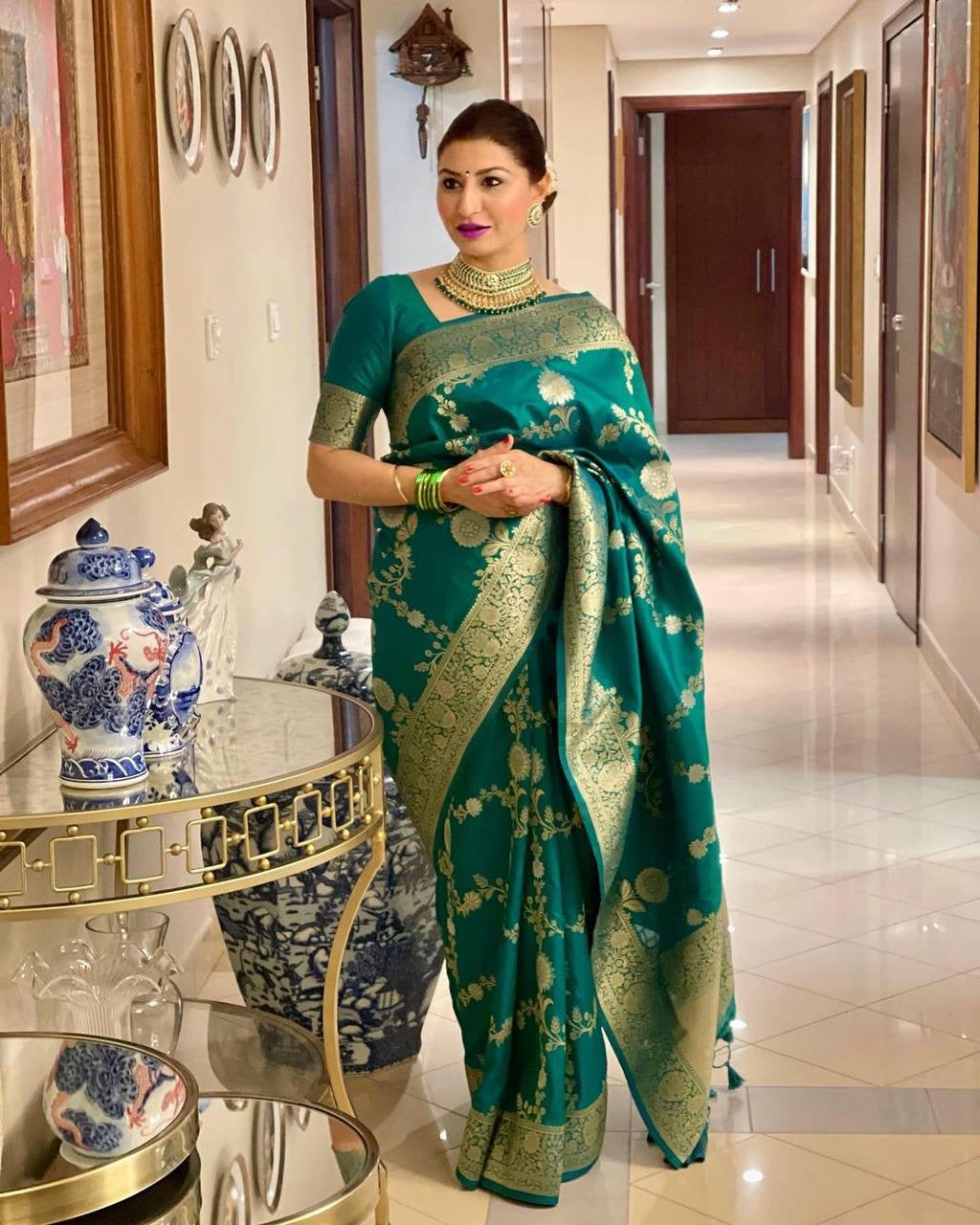 Smooth silk saree with floral motifs